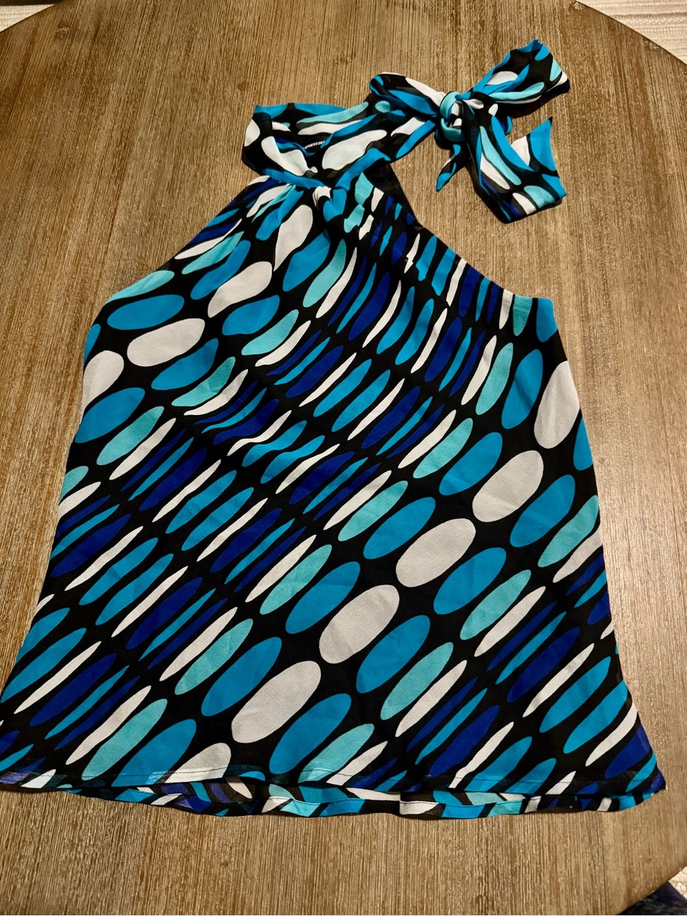 100% Silk Express Design Studio Blue, Teal & White Abstract Halter Top